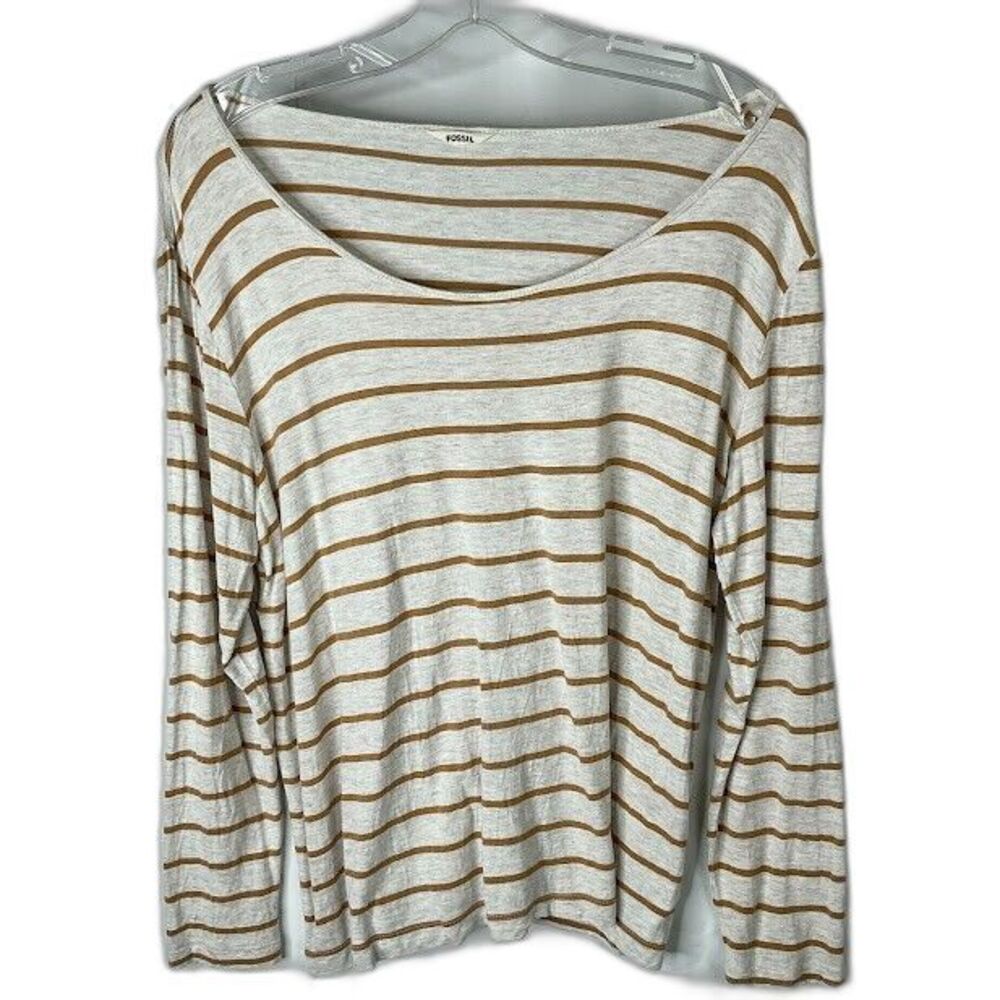 Fossil Striped Shirt Women XL Beige Rayon Scoop Neck Long Sleeve Earthy Grun